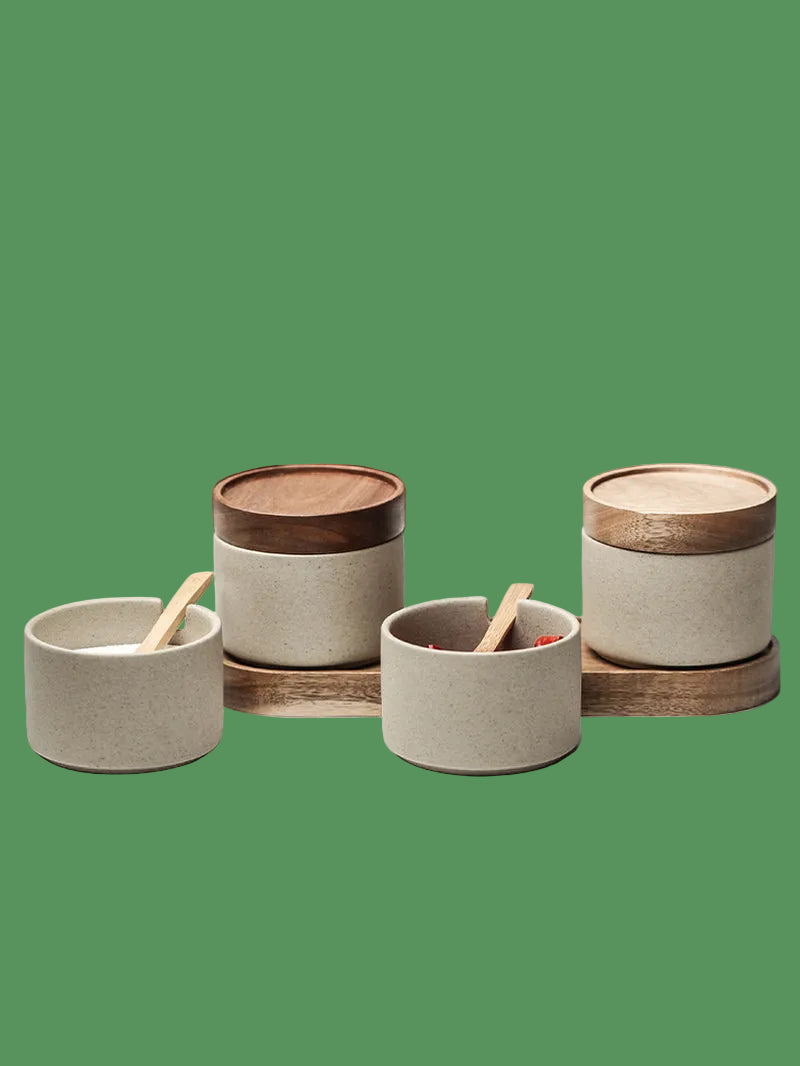 Kitchen Seasoning Pot Ceramic Three Piece Suit Simple Salt Pot Acacia Wood Tray with Cover