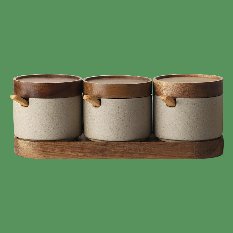Kitchen Seasoning Pot Ceramic Three Piece Suit Simple Salt Pot Acacia Wood Tray with Cover