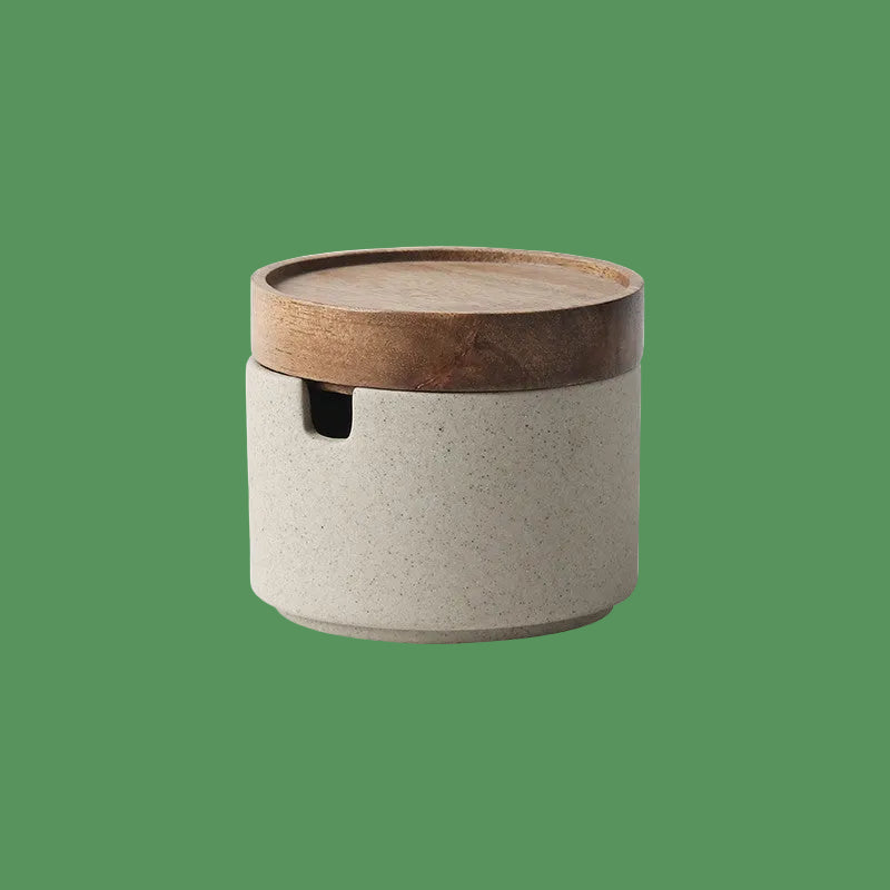 Kitchen Seasoning Pot Ceramic Three Piece Suit Simple Salt Pot Acacia Wood Tray with Cover