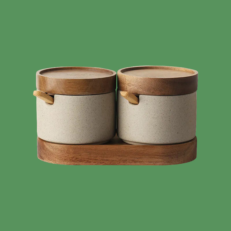 Kitchen Seasoning Pot Ceramic Three Piece Suit Simple Salt Pot Acacia Wood Tray with Cover