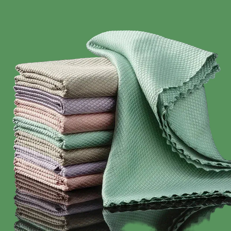 10Pcs Microfiber Glass Cleaning Cloth Rag Lint-Free for Windows Car Kitchen Mirror No Trace Reusable Fish Scale Rag Polishing