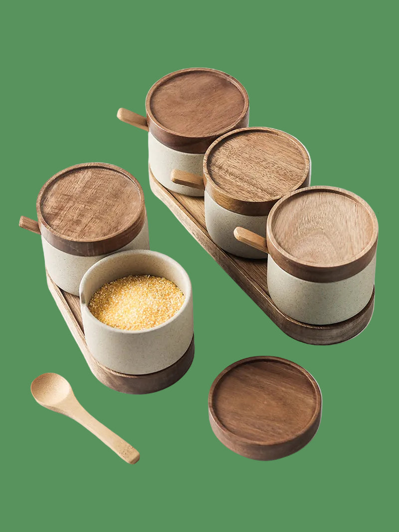 Kitchen Seasoning Pot Ceramic Three Piece Suit Simple Salt Pot Acacia Wood Tray with Cover
