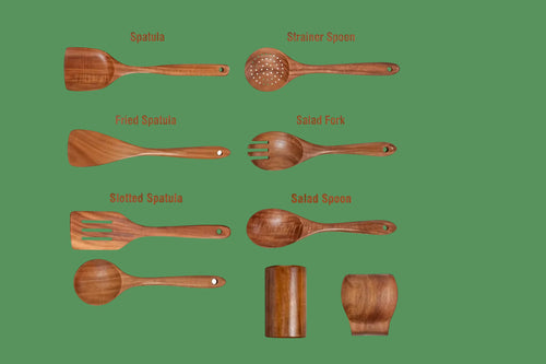 9PCS Wooden Spoons for Cooking, Wooden Utensils for Cooking with Utensils Holder, Teak Wooden Kitchen Utensils Set