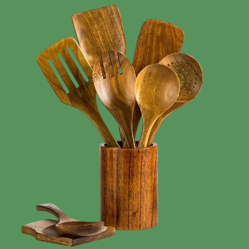 9PCS Wooden Spoons for Cooking, Wooden Utensils for Cooking with Utensils Holder, Teak Wooden Kitchen Utensils Set