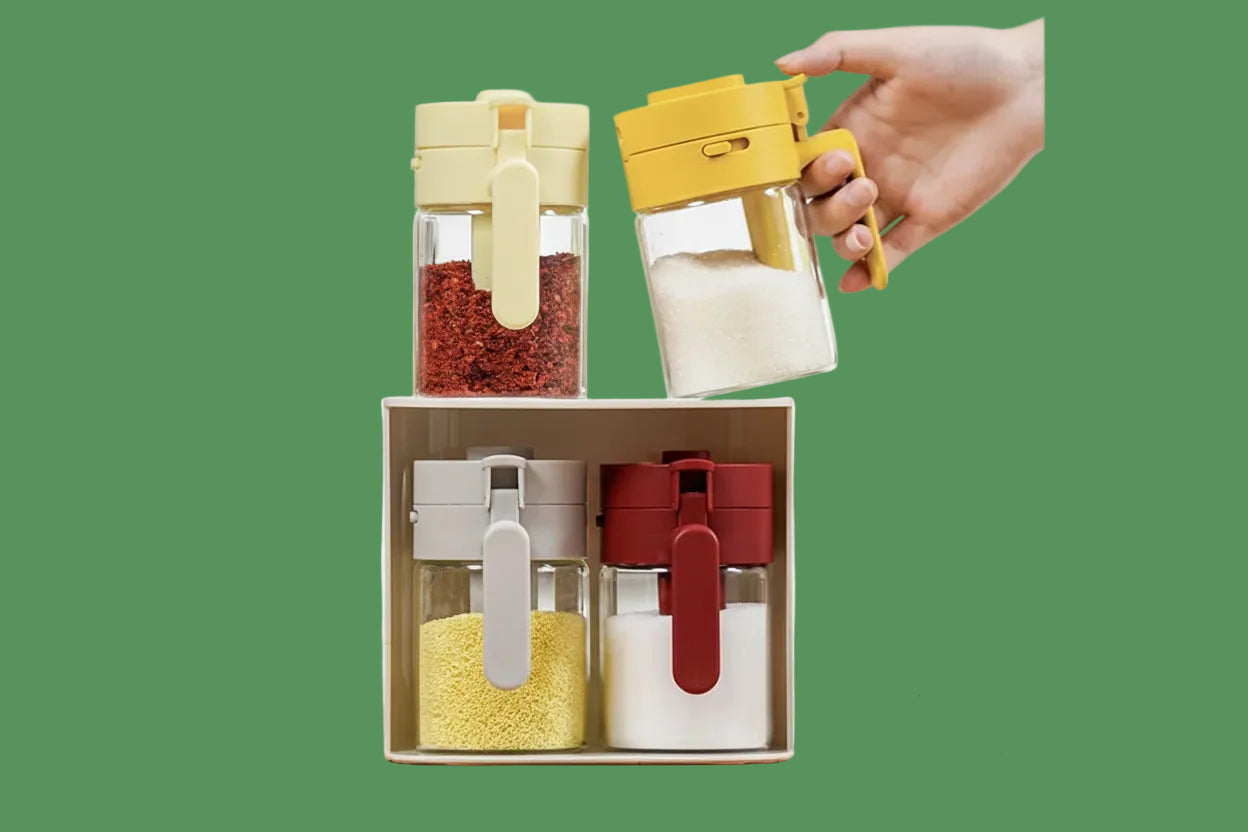 Household Kitchen Moisture-Proof Seasoning Jar Salt Container 2 in 1 Glass Spice Bottle Spoon Separation Glass Seasoning Can