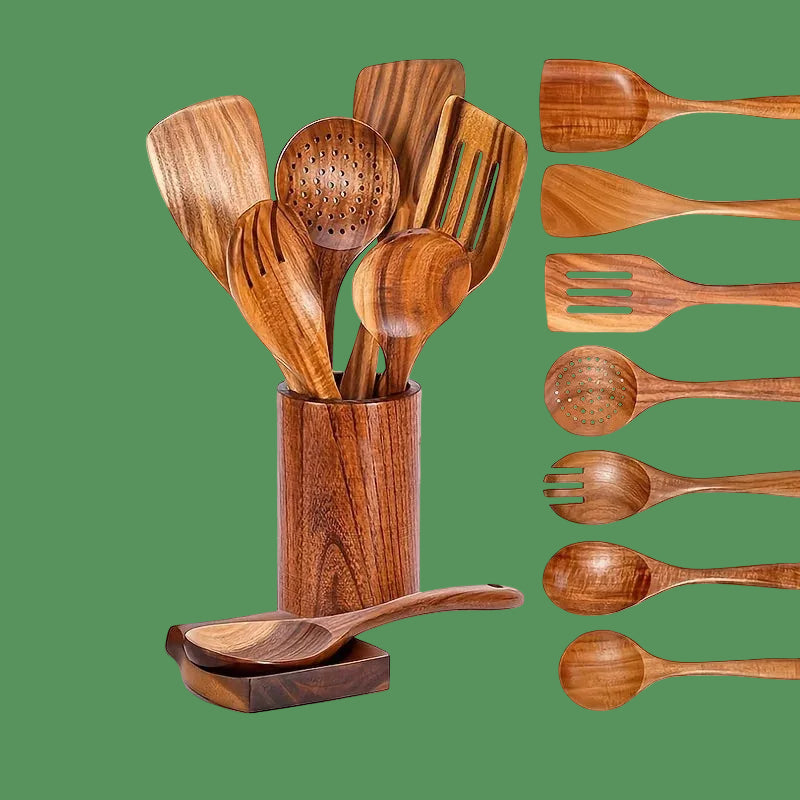 9PCS Wooden Spoons for Cooking, Wooden Utensils for Cooking with Utensils Holder, Teak Wooden Kitchen Utensils Set